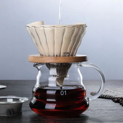 600 ml Compartir cafetera de vidrio con mango de madera resistente al calor Verter sobre la cafetera