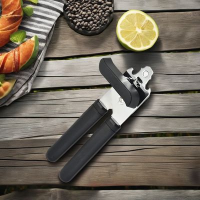 Abridor de latas compacto de acero inoxidable con abrebotellas multifunción y mango de plástico