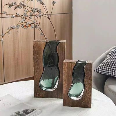 Vaso de vidrio verde oscuro floral Decoración de mesa para oficina o dormitorio chino moderno
