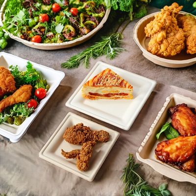 Color natural placas de papel de caña de azúcar desechables para alimentos con todos los accesorios