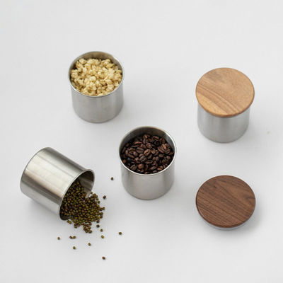 Canister de vacío de acero inoxidable de tapa de madera 11/12/13/14cm Tamaños para almacenamiento de granos de café