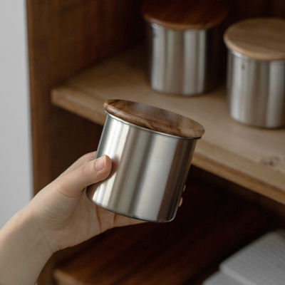 Canister de vacío de acero inoxidable de tapa de madera 11/12/13/14cm Tamaños para almacenamiento de granos de café