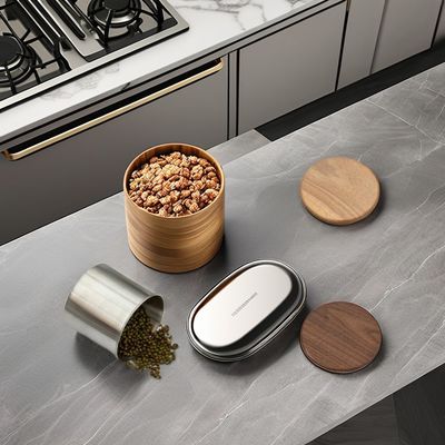 11/12/13/14cm Tamaños Diseño moderno Acero inoxidable Cisterna de almacenamiento al vacío tapa de madera para granos de café Cereales de té