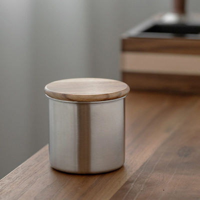 Jarrón de almacenamiento de alimentos secos de acero inoxidable de 11 cm Bottle de café al vacío con tapa de madera para cocina