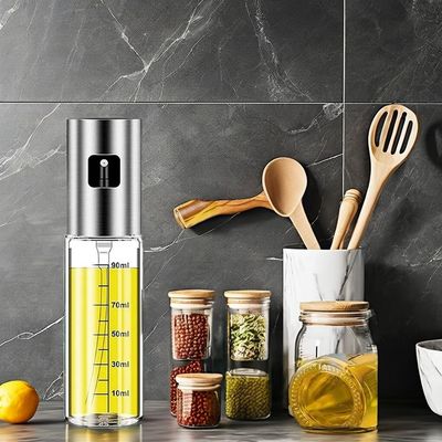 Acero inoxidable y vidrio rociador de aceite de oliva para el campamento utensilios de cocina 17,8 * 4cm