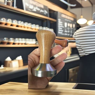 Manilla de madera de acero inoxidable para café de grado barista en 51mm 53mm y 58mm Tamaños