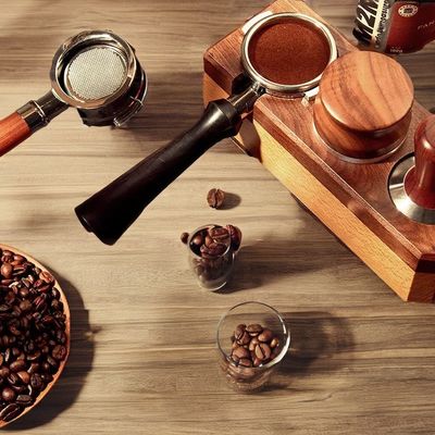 Accesorios portátiles para elaboración de café: embudo de acero inoxidable de 58 mm y filtro de madera