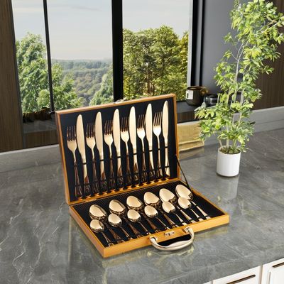Set de cubiertos de acero inoxidable de 24 piezas Hotel de bodas Plata de lujo Cuchara de oro y tenedor