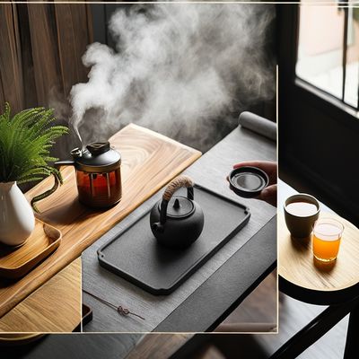Modernas tazas de té de cerámica de moda con platillo de madera y mango de madera