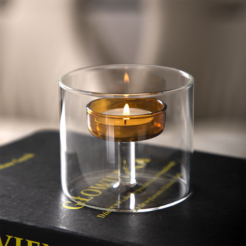 Portador de luz de té de vidrio transparente con tapa