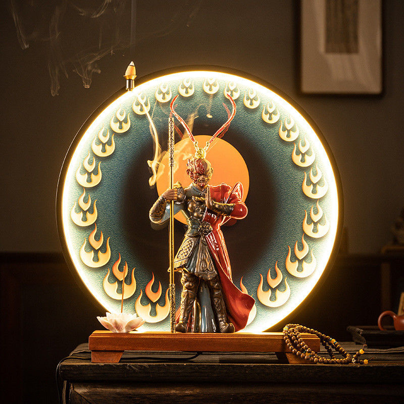 Escultura para decoración de interiores 2024 Cerámica Negra Sol Wukong Portaencensos con luz LED