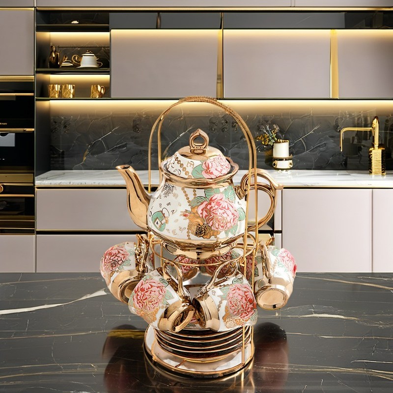 Conjunto de tazas de porcelana de borde de oro ecológico y cafetera de té para estilo europeo moderno