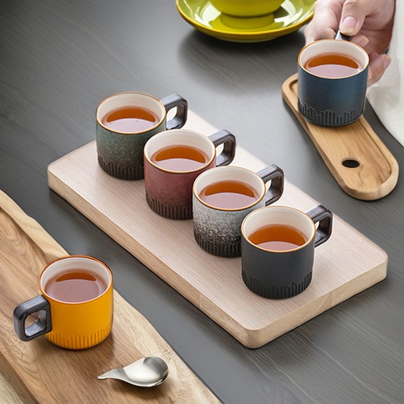 Cucharita de café apilable estilo nórdico 50 ml taza de cerámica de diseño rural con mango de madera