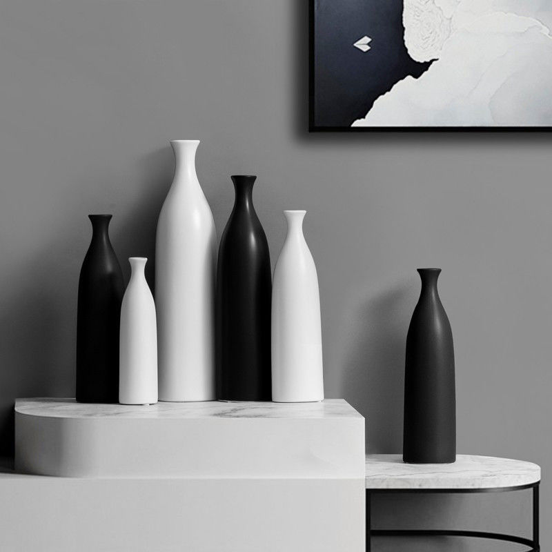 Vaso de mesa para decoración de sala de estar de cerámica en blanco y negro de tamaño medio