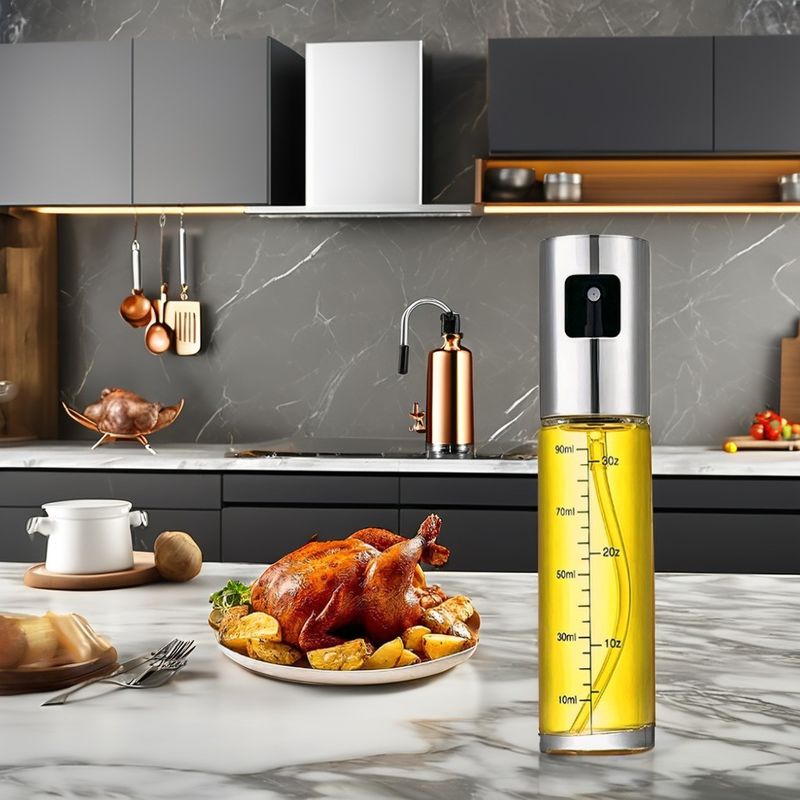 Acero inoxidable y vidrio rociador de aceite de oliva para el campamento utensilios de cocina 17,8 * 4cm
