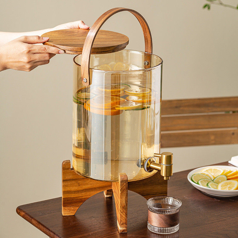 Dispensador de vidrio de lujo de soporte de madera ideal para fiestas de té y café con jugo de limón