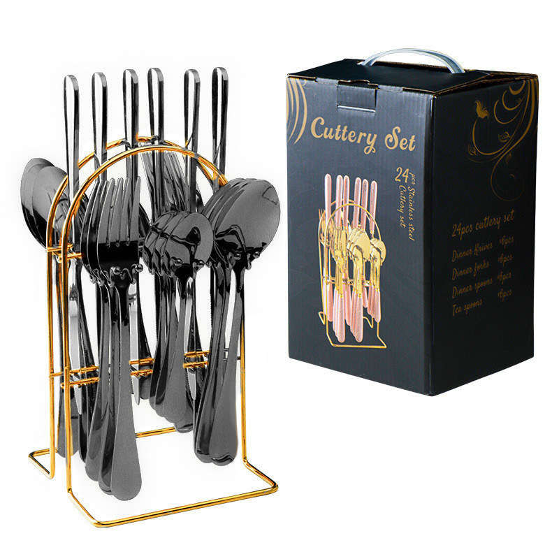 24Pcs Flatware Set Acero inoxidable Oro Cuchillo de plata Cuchara cuchara tenedor Set de cubiertos para la fiesta